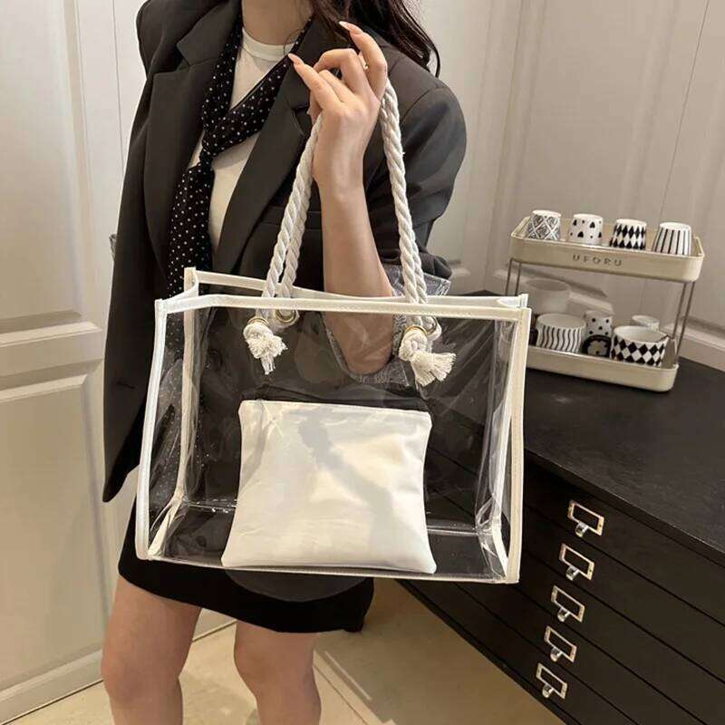 2pcs/set Clear PVC Casual Tote Bags Women, Waterproof Transparent Travel Beach Shoulder Bag For Outdoor, Summer Handbags XJ260306