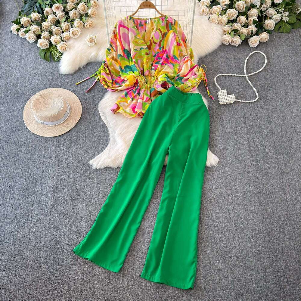 2026 Designer Fashion A13 Women's Casual European and American Style Short Sleeve V-neck Waist Wide Songhua Shirt Two Piece Set
