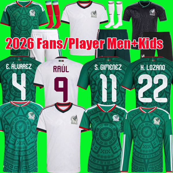 S-4XL Mexico 2026 soccer jerseys VEGA RAUL CHICHARITO LOZANO J. QUInONES 25 26 H.LOZANO football kit shirts men and kids sets black gold cup kit uniforms
