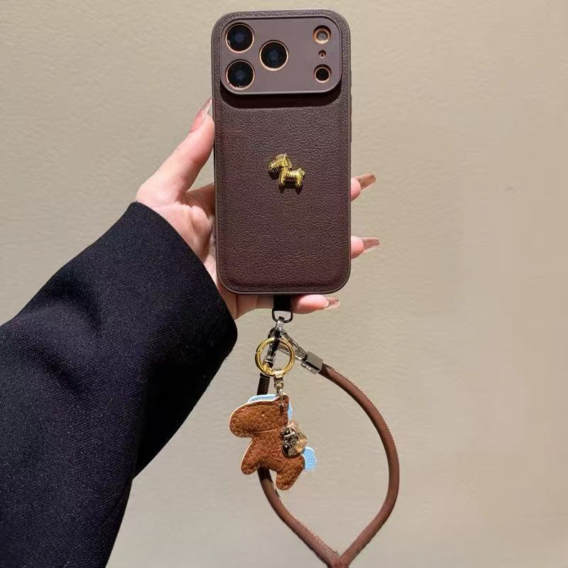New Year Red Little Golden Horse Compatible iPhone 17 Max Phone Case Apple 16/15 Pro Lychee Pattern 14 with Lanyard