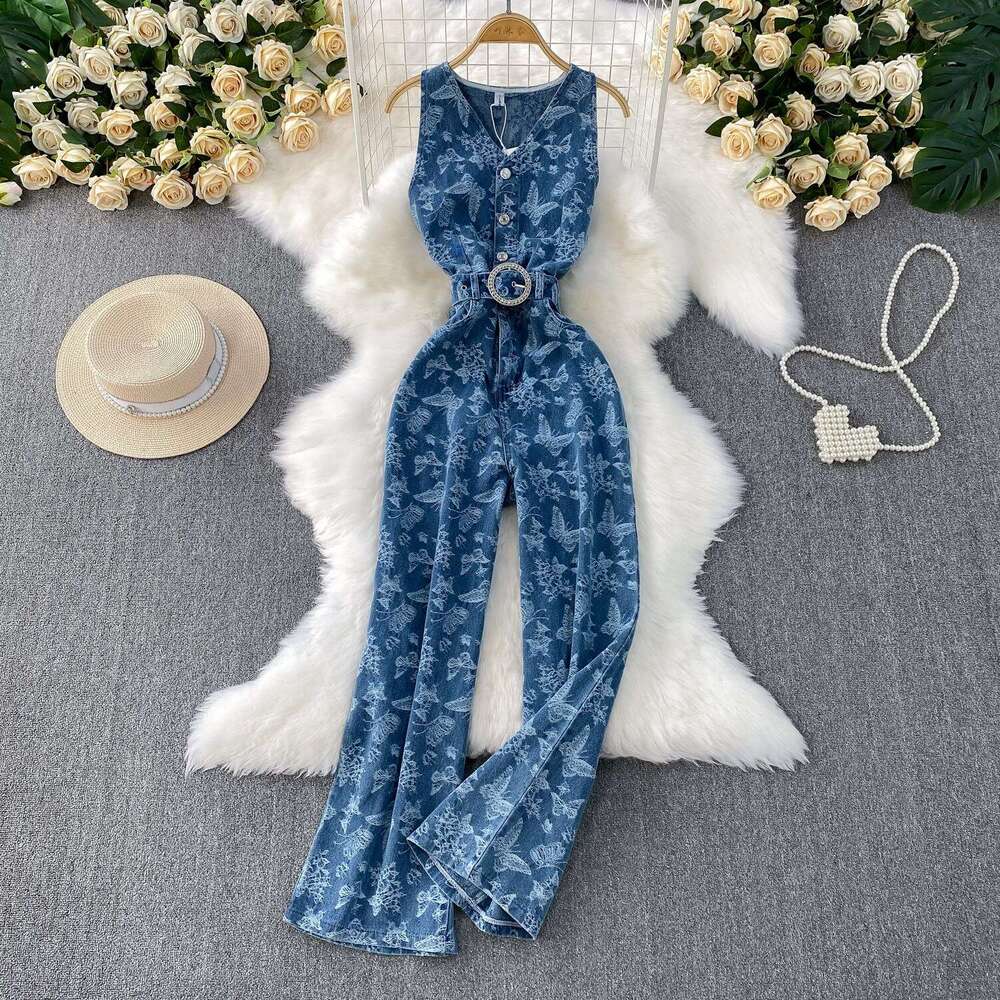 2026 Spring and Summer New Retro Jacquard Women's Cowboy High end Waist Tightening Casual Straight Wide Leg jumpsuit