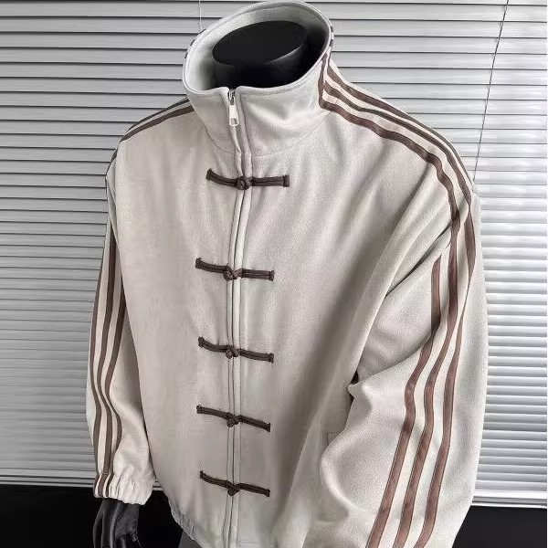 Men's New Chinese Style Three-Stripe National Wind Button Casual Jacket - High-End Stand-Collar Baseball Jacket Sports Coat for Spring and Autumn