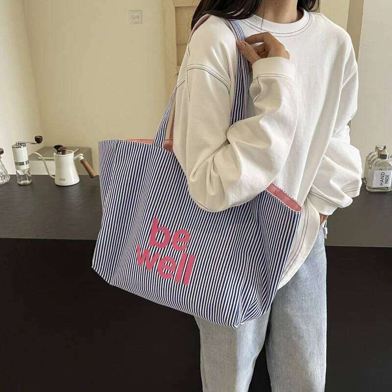 Casual Large Stripe Women's Shoulder 2025 New Fashion Commuter Tote Bag High Capaci Canvas Handbag for Youth bolso mujer XJ260306
