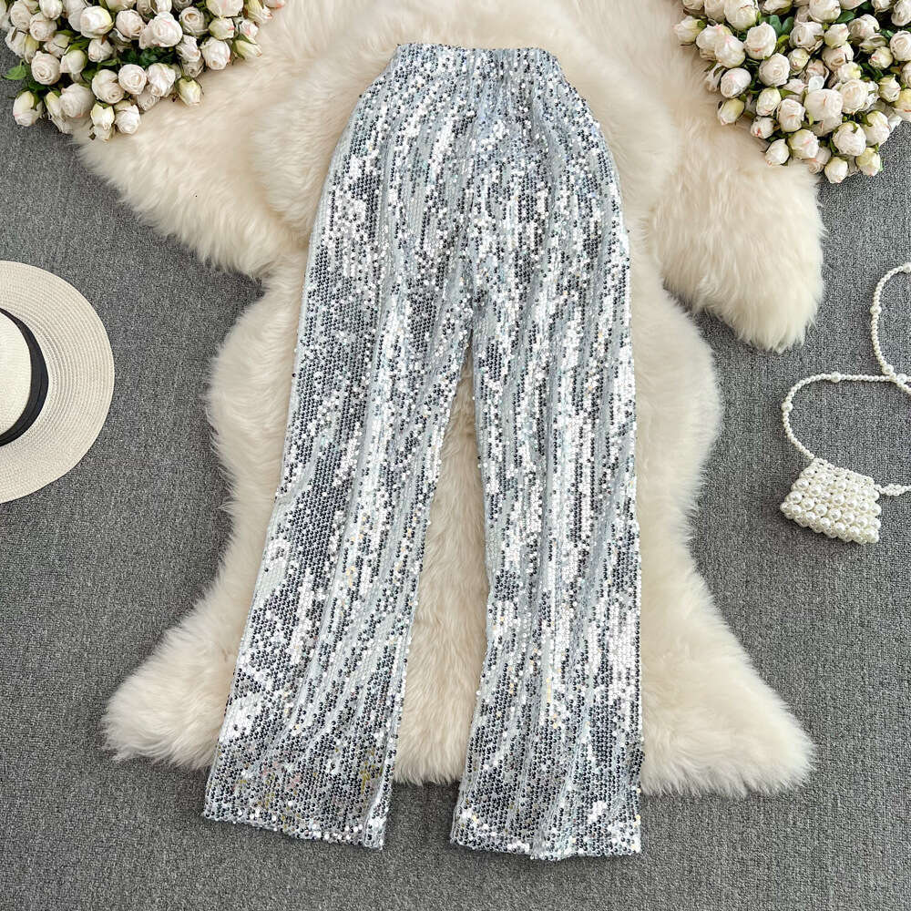 2026 Spring and Summer New Fashionable Unique Glitter Elastic High Waist Wide Leg Casual A13 Women's Pants with Hanging Effect