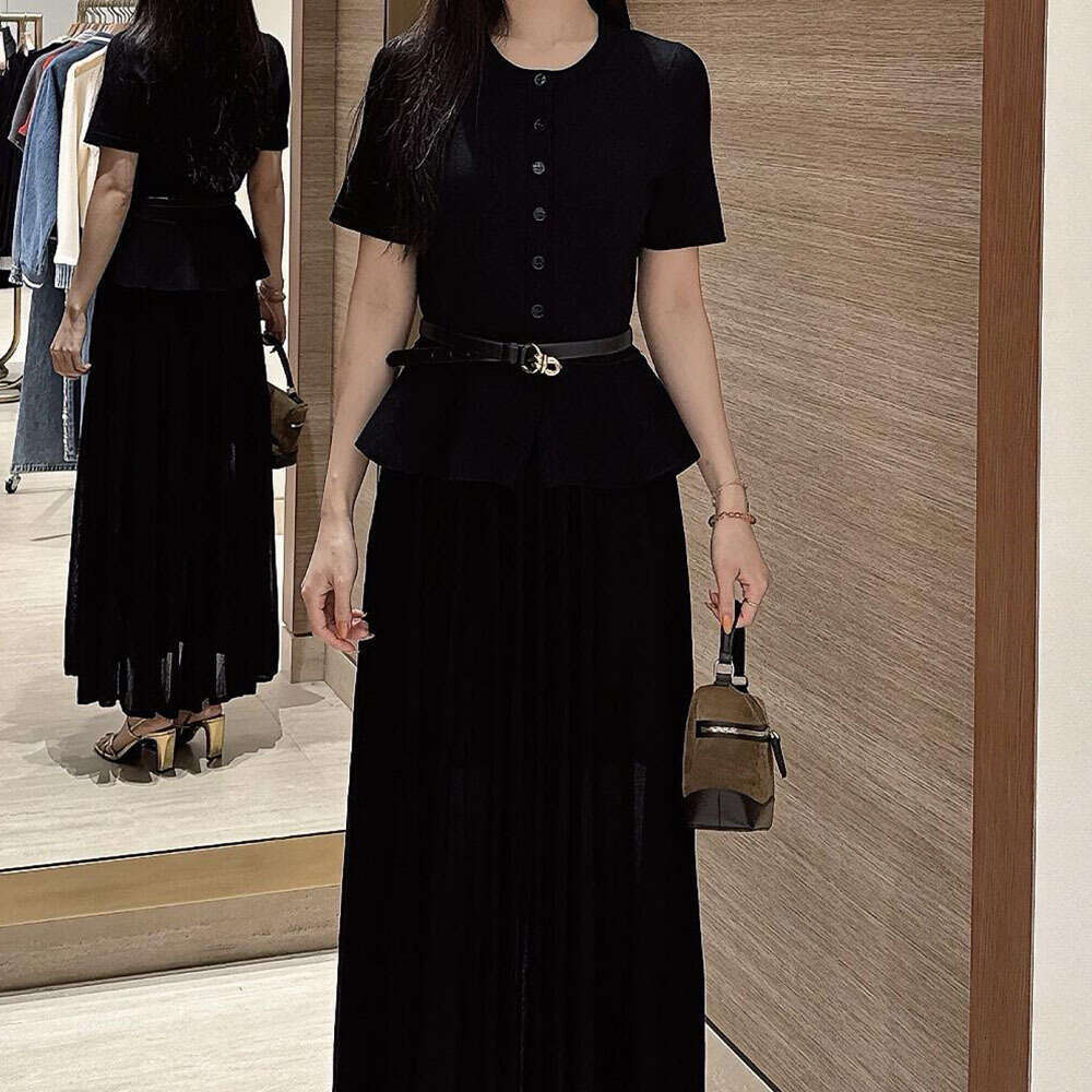 2026 Spring and Summer New French Elegant Imitation Two Piece Folded Texture Round Neck Short Sleeve Women's A13 Long Dress