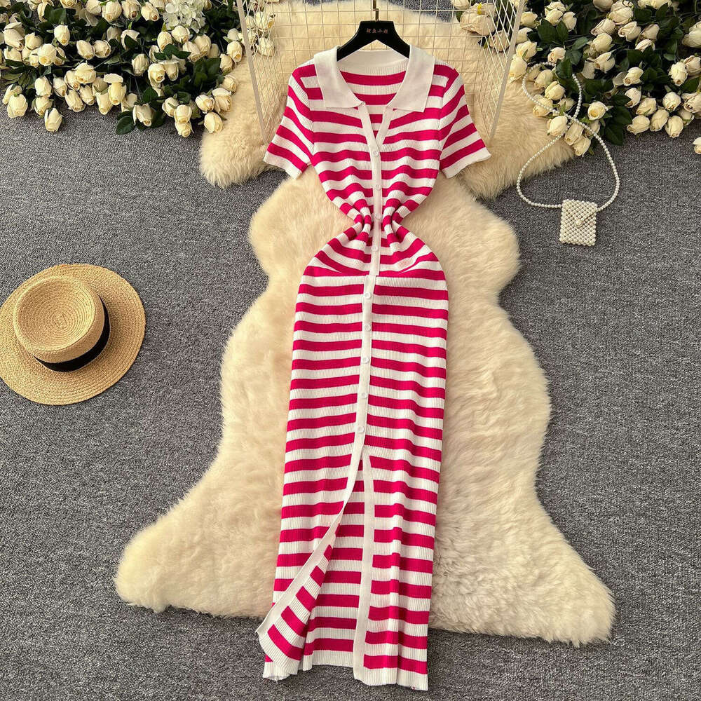 2026 Summer New European and American Spicy Girl Short Sleeve Elegant Knitted Striped Long Slimming Dress