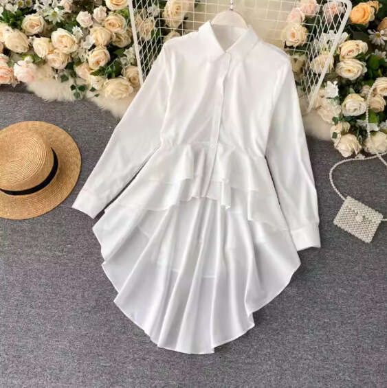 2026 uniquely designed A12 crossover women's shirt with irregular pleated hem and tailcoat style, fashionable multifunctional long sleeved top