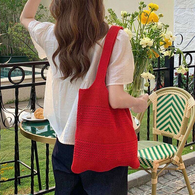 Summer New Simple Style Mesh Handbag Shopping Beach Knit Shoulder Bag Women's Hollow Out Large Capacity Totes XJ260306