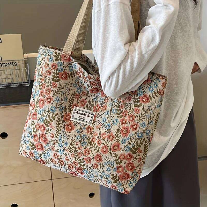 Stylish Corduroy Tote Women Bohemian Ethnic Style Shoulder Bag for Daily Commuting Shopper Office Worker College Student XJ260306