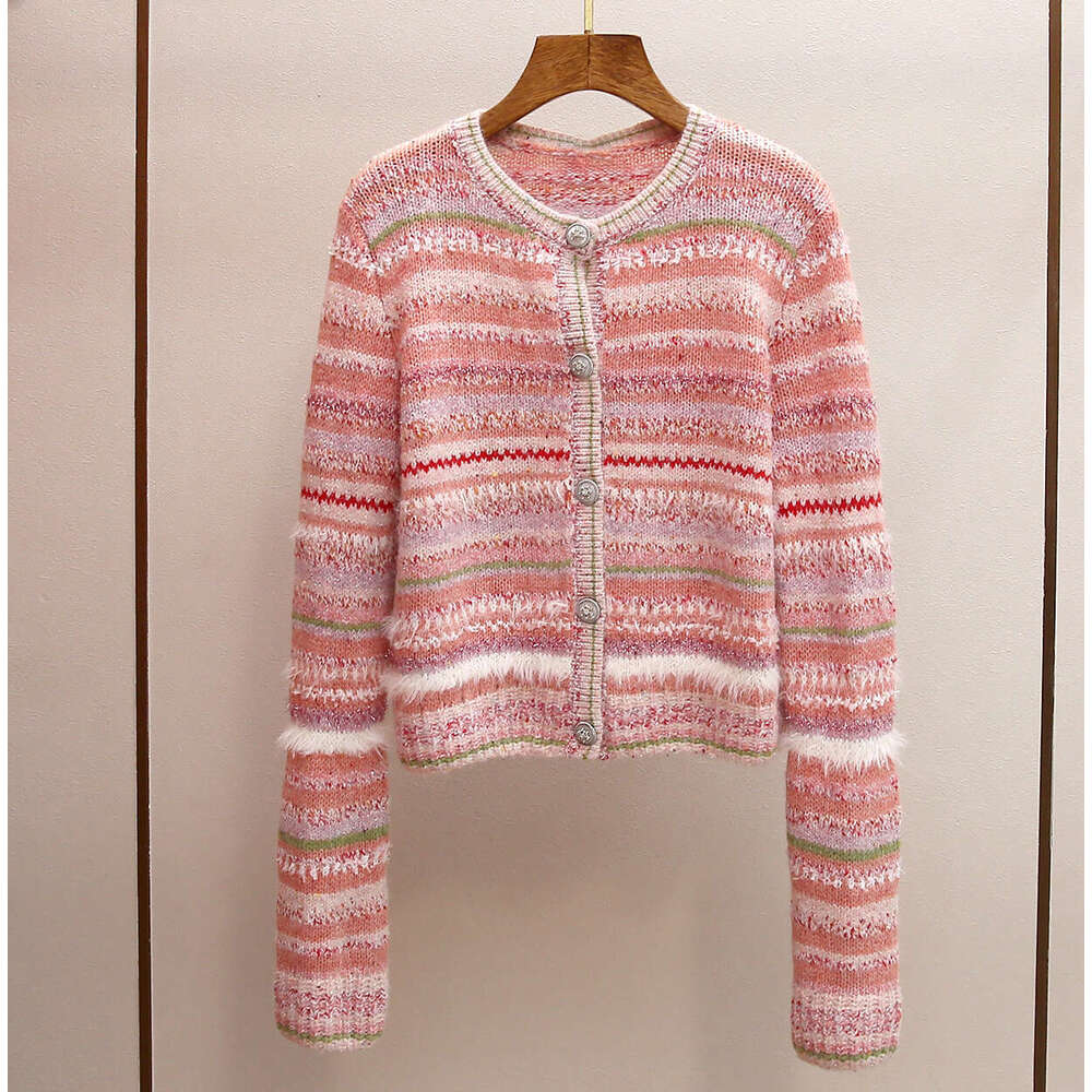 2026 designer high-end women's spring and summer new sweet mixed color striped round neck versatile single breasted knitted sweater top