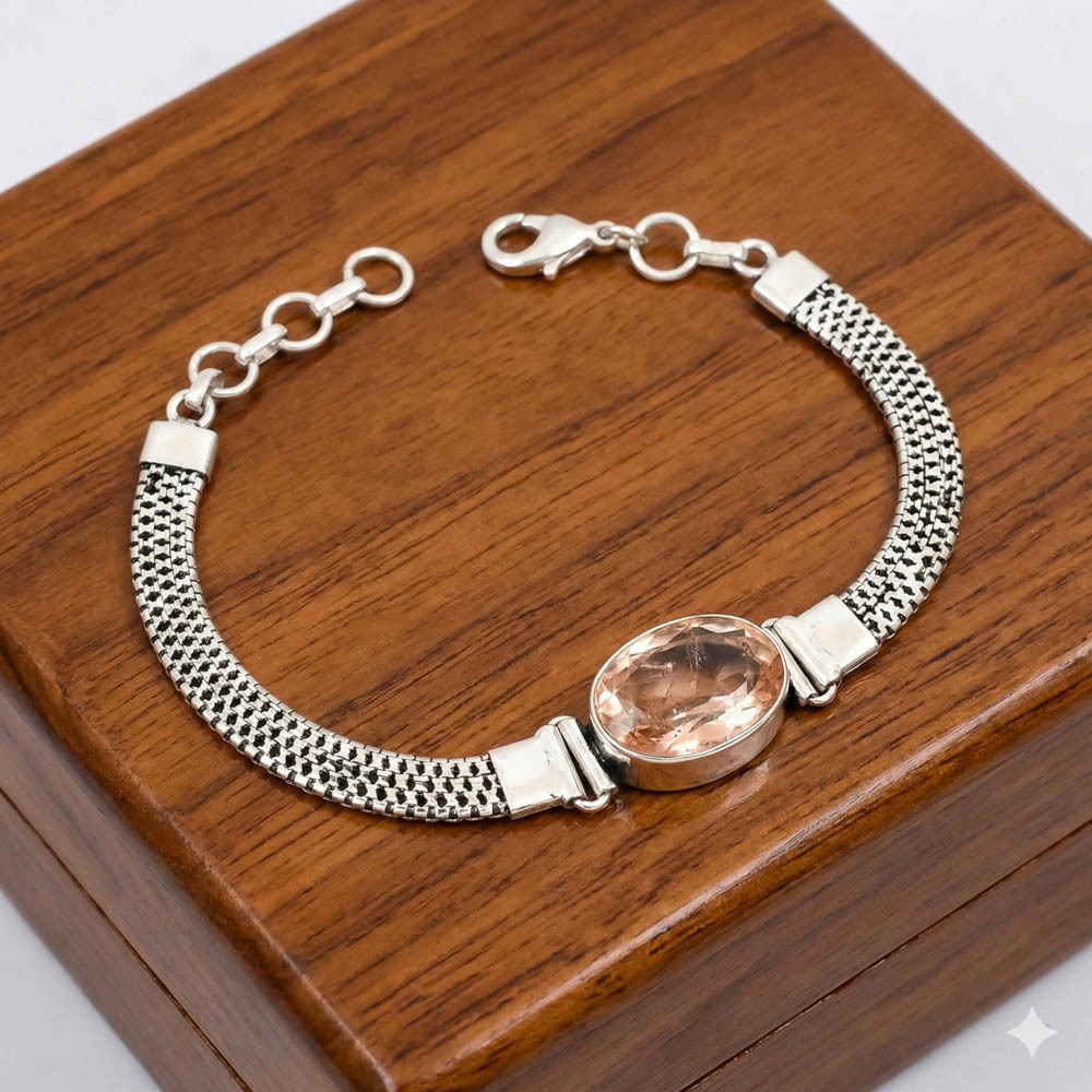 Samrat Jewels Sterling Silver Plated Handmade Bohemian Trendy Chain Link Bracelet Women Morganite Oval Cut Adjustable Party Gift