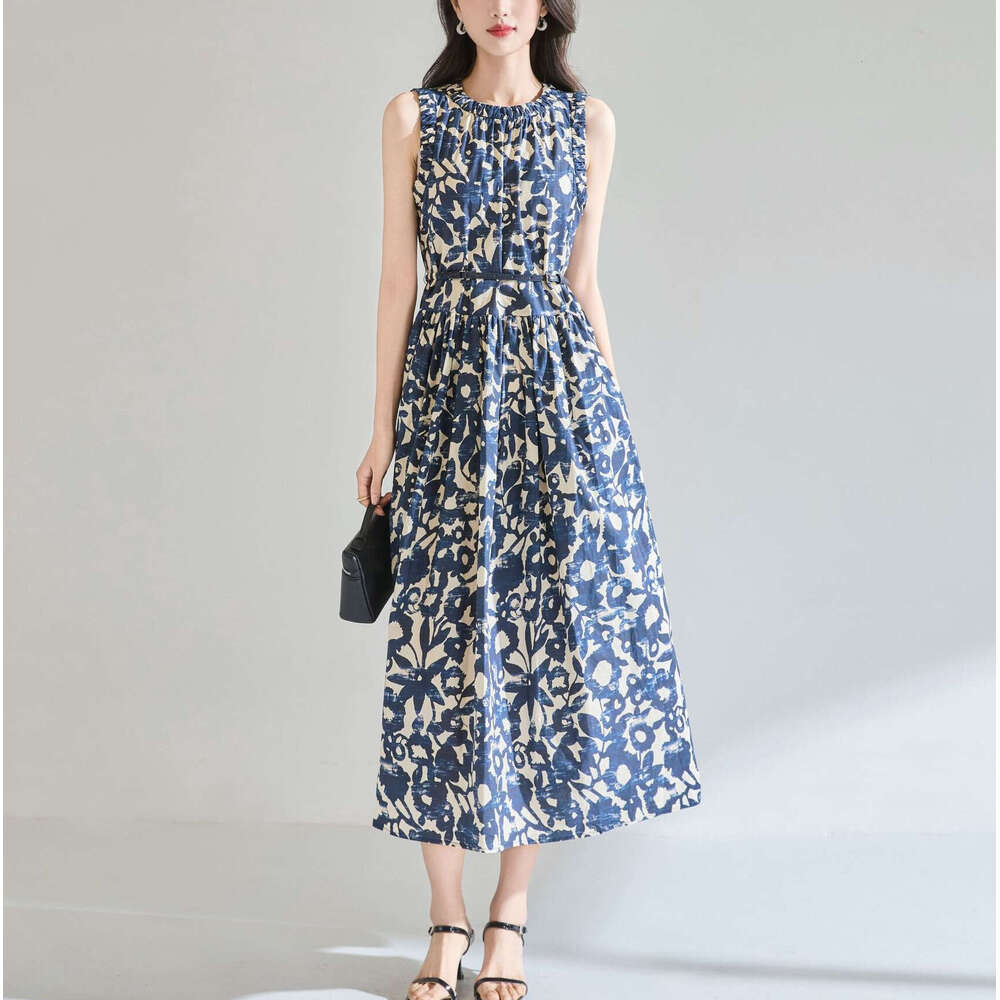 2026 Spring/Summer Designer Hepburn Style Oil Painting Printed Cuff Free Belt Poplin Medium Long Dress