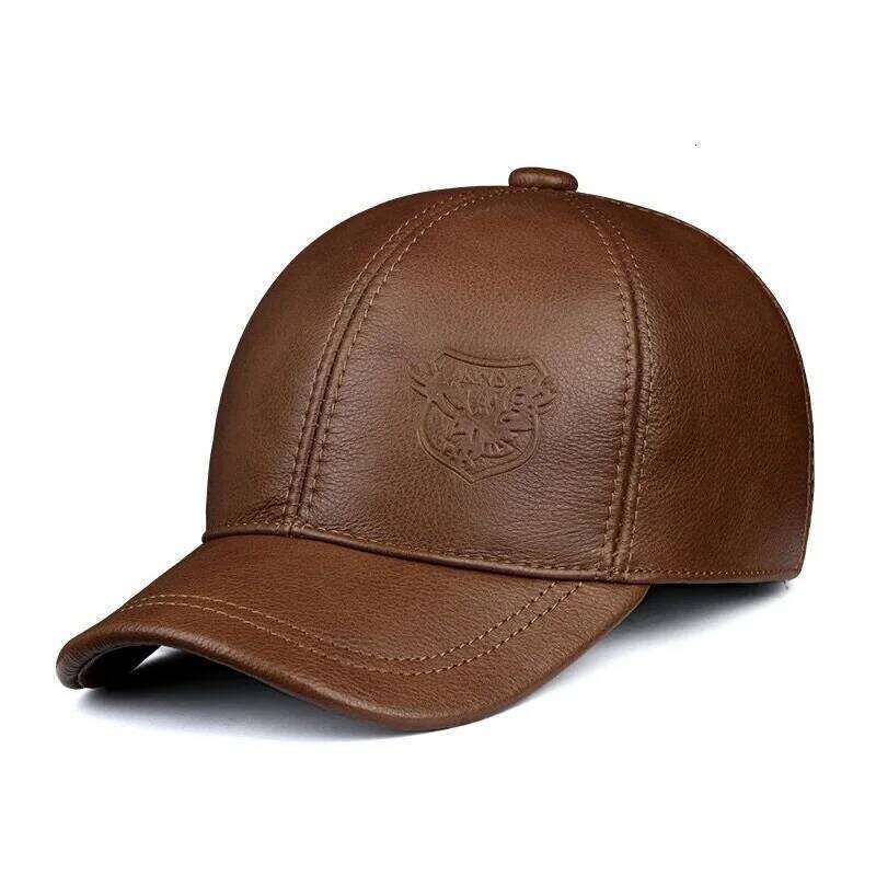 New 2025 Spring/Winter Man Genuine Leather Baseball Caps Male Casual Cowhide Belt Ear Warm 56-60 Adjustable Sprot Flight Hats Y260304