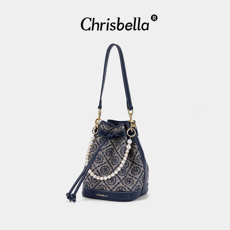 Monogram Print 2 Piece Bag Set - Luxury Bucket Bag & Crossbody Bag with Pearl Chain for Women SENYY