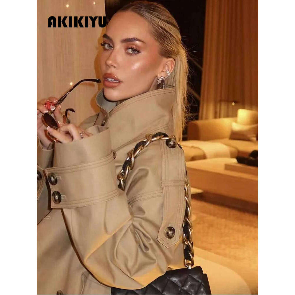 Women's Khaki Stand Collar Double Breasted Trench Coat - Long Sleeve Streetwear Jacket With Pockets, Fashion Outerwear AKIKIYU