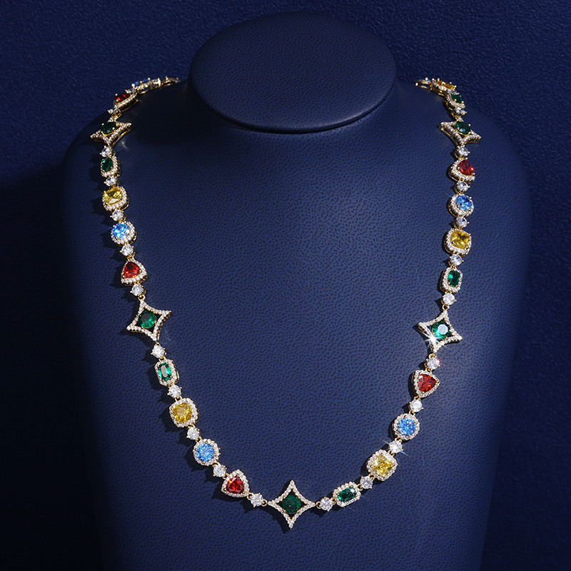 designer Cross-Border Jewelry Colorful Gemstone Bracelet European and American Hot Selling Diamond-Encrusted Hip-Hop Necklace Niche Tennis Chain Colla