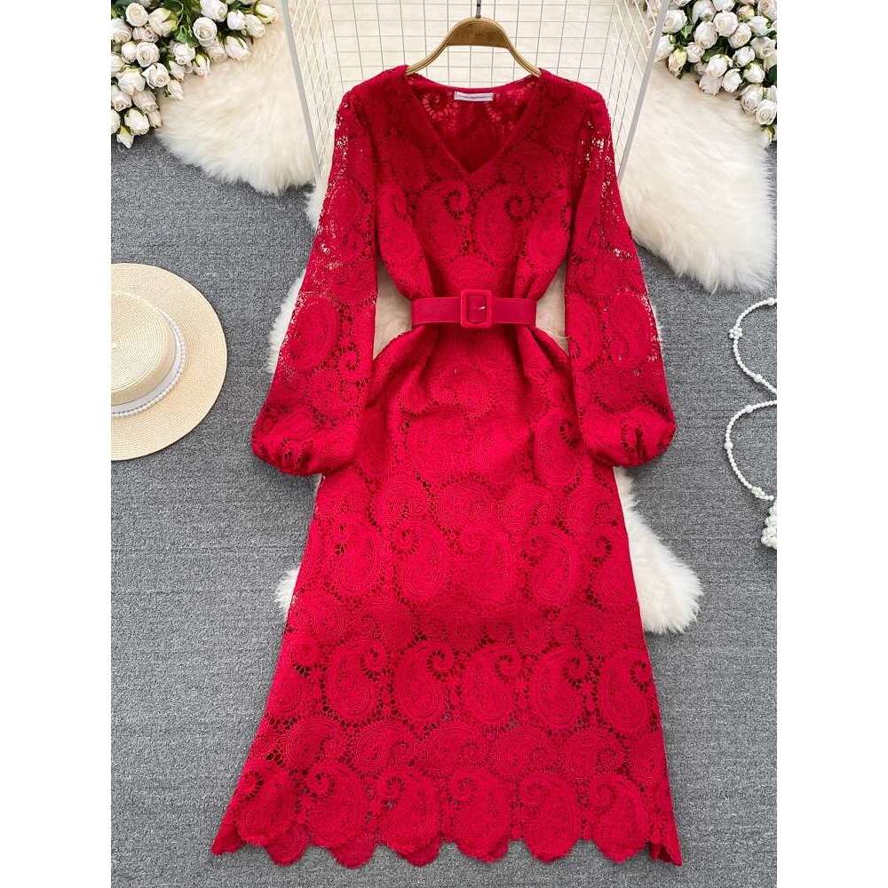 Designer A12 elegant ladylike style contrasting color long sleeved doll collar waist slimming mid length A-line knitted dress