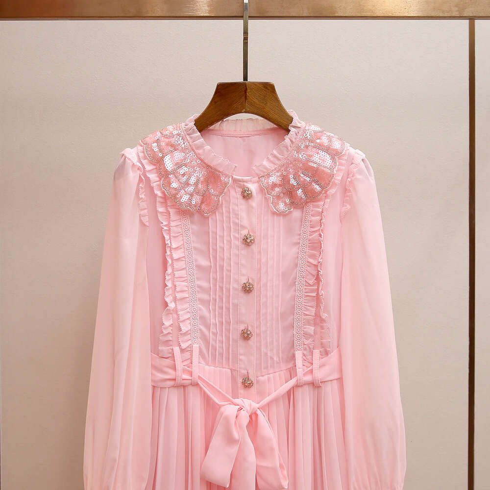 2026 autumn and winter new soft style pink heavy pearl doll collar long sleeved A13 waist pleated flower dress