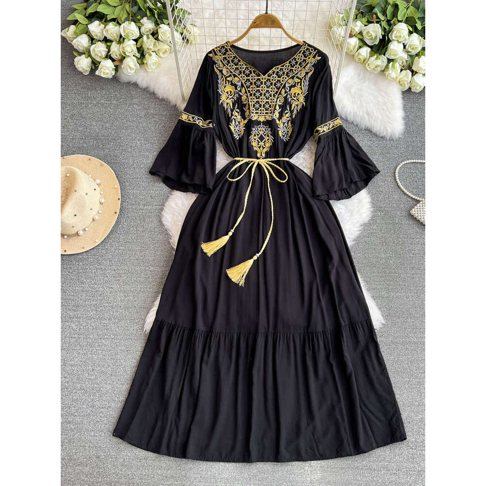 2026 Spring A13 and Autumn Embroidered Dress V-neck Waist Slimming Bell Sleeve Bohemian Style Quarter Sleeve