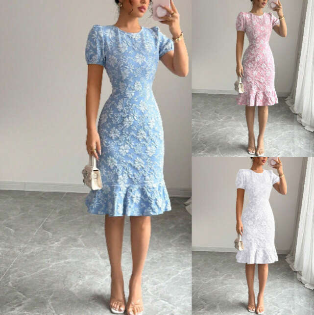 2026 European and American Spring and Summer New Women's Bubble Sleeve Jacquard Round Neck Retro Style Dress