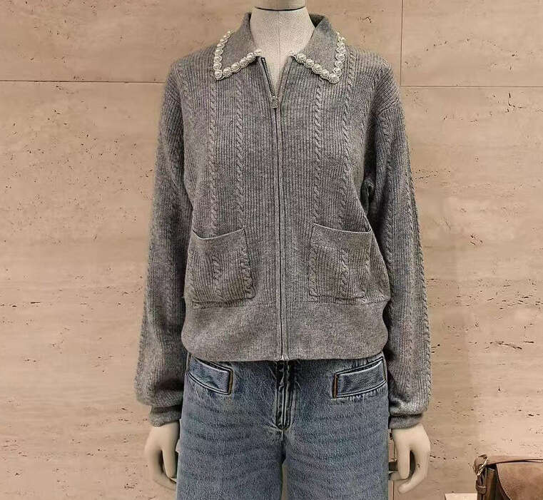 2026 autumn and winter A13 new women's pearl embellished lapel gray elegant temperament commuting short knitted cardigan