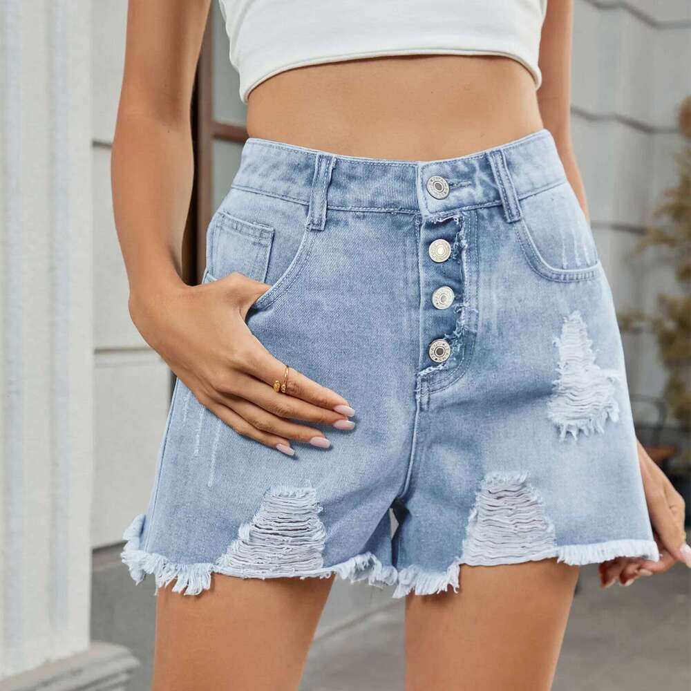 Personality Versatile Washed Ripped High-waist Shorts. Ladies Summer New Fashion Design Casual One Row Button Denim Shorts XJ260306