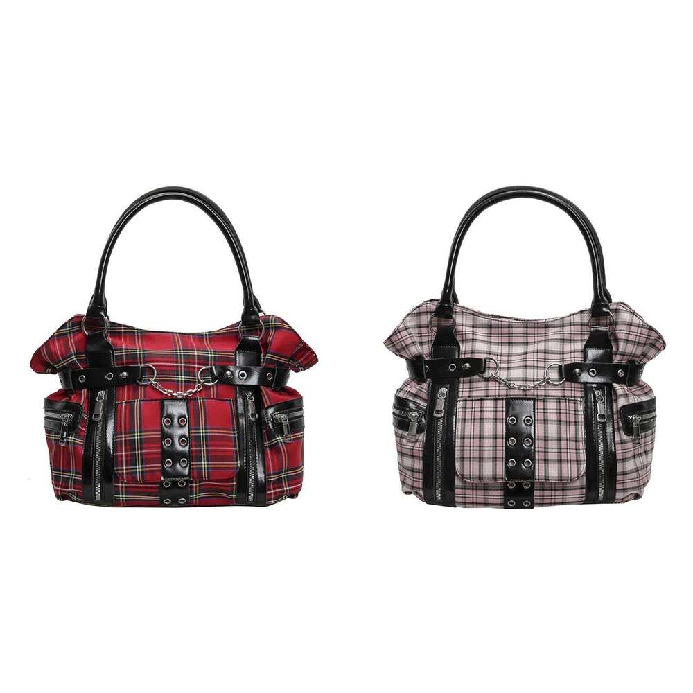 Women Versatile Plaid Tote Multiple Pockets Rivet Motorcycle Stylish Metal Stud Underarm Bag Commute Handbag XJ260306