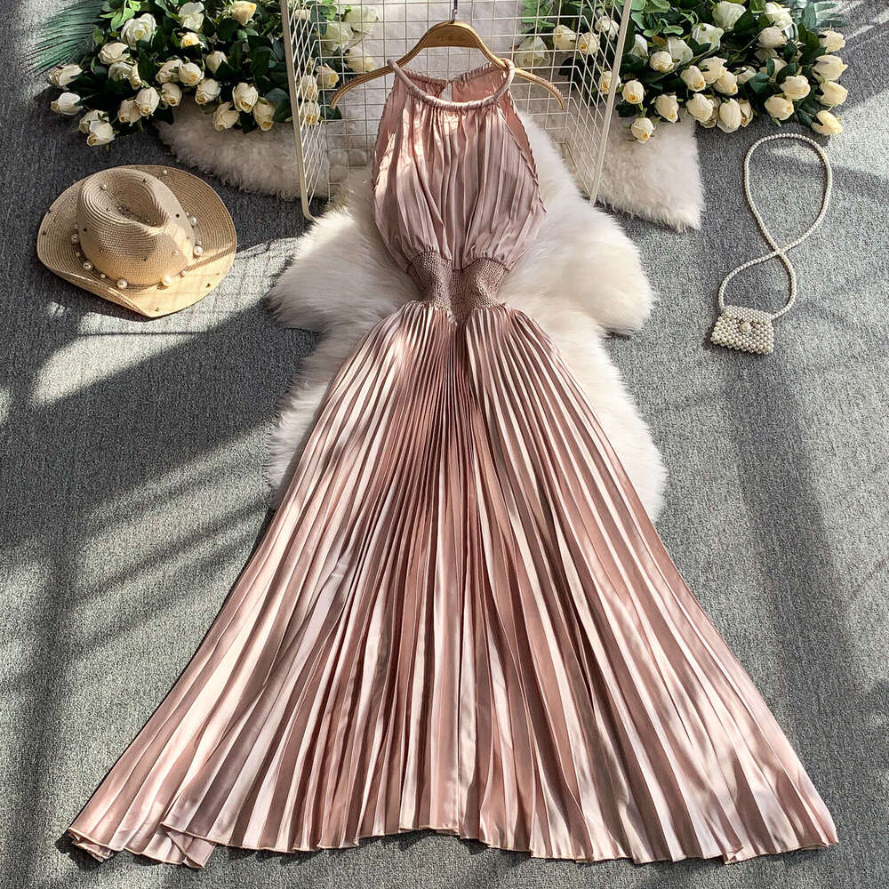2026 designer elegant c10 women's style high-end temperament women's suspender skirt summer elastic waist slimming long pleated skirt