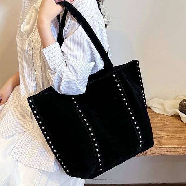 2025 Autumn Winter Women's Niche Design Suede Tote Bag with Studs, Versatile Casual Shoulder Underarm Handbag XJ260306