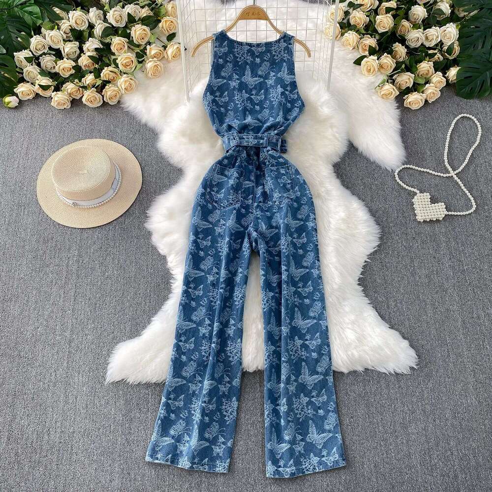 2026 Spring and Summer New Retro Jacquard Women's Cowboy High end Waist Tightening Casual Straight Wide Leg jumpsuit