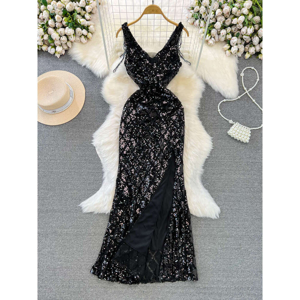 2026 Evening Dress Banquet Elegant Long Dress V-neck Waist Slimming Glitter Split and Tight Design