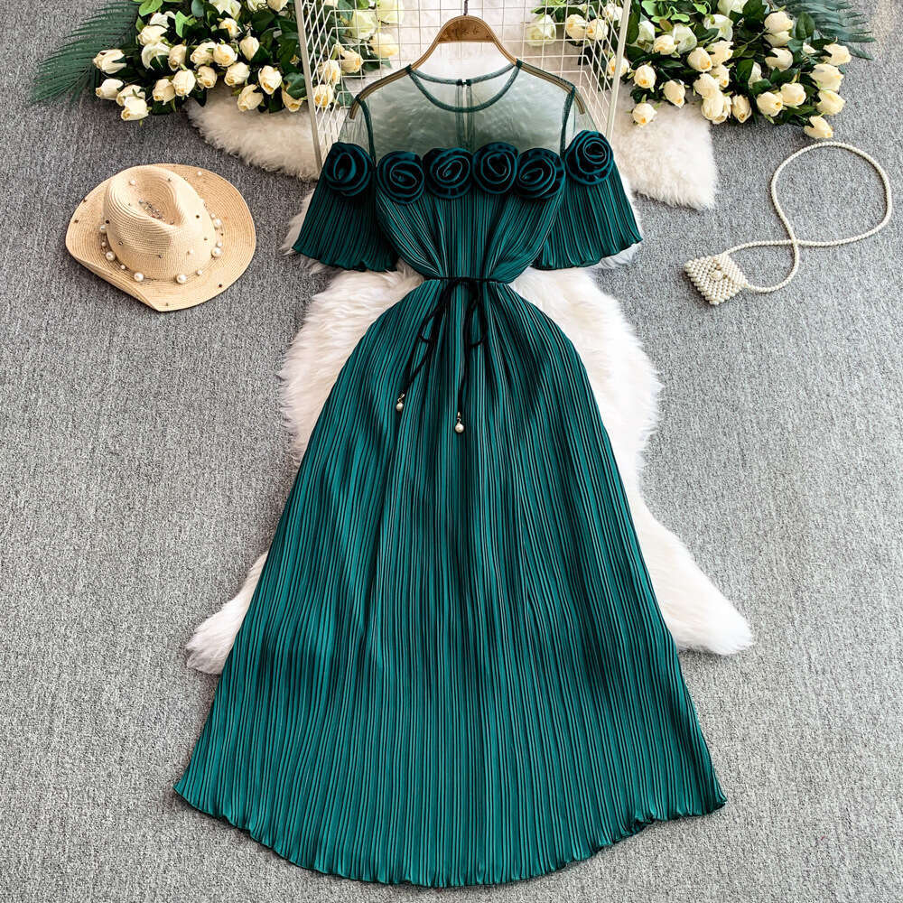 Elegant and exquisite long sleeved three-dimensional floral detail tie waist women's slim fit A-line pleated skirt 2026 spring