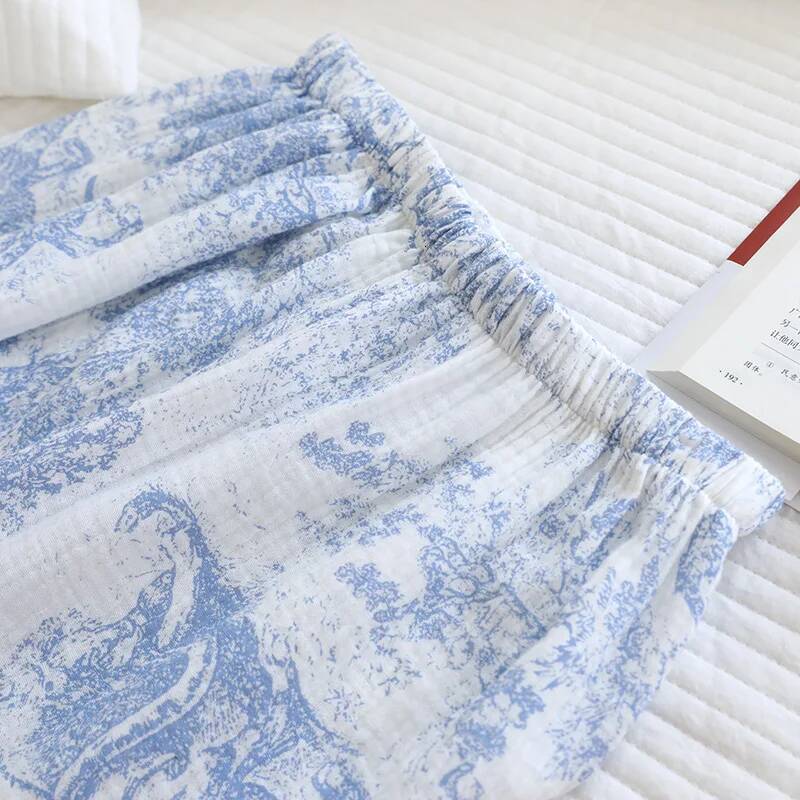 Cotton Double-layer Gauze Sleepwear for Women's Spring and Autumn Thin Long Pants Breathable Two-piece Home Clothes Set