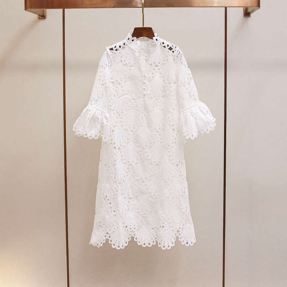 French Spring Women's 2026 New Elegant Hollow Lace Embroidered V-neck White Dress