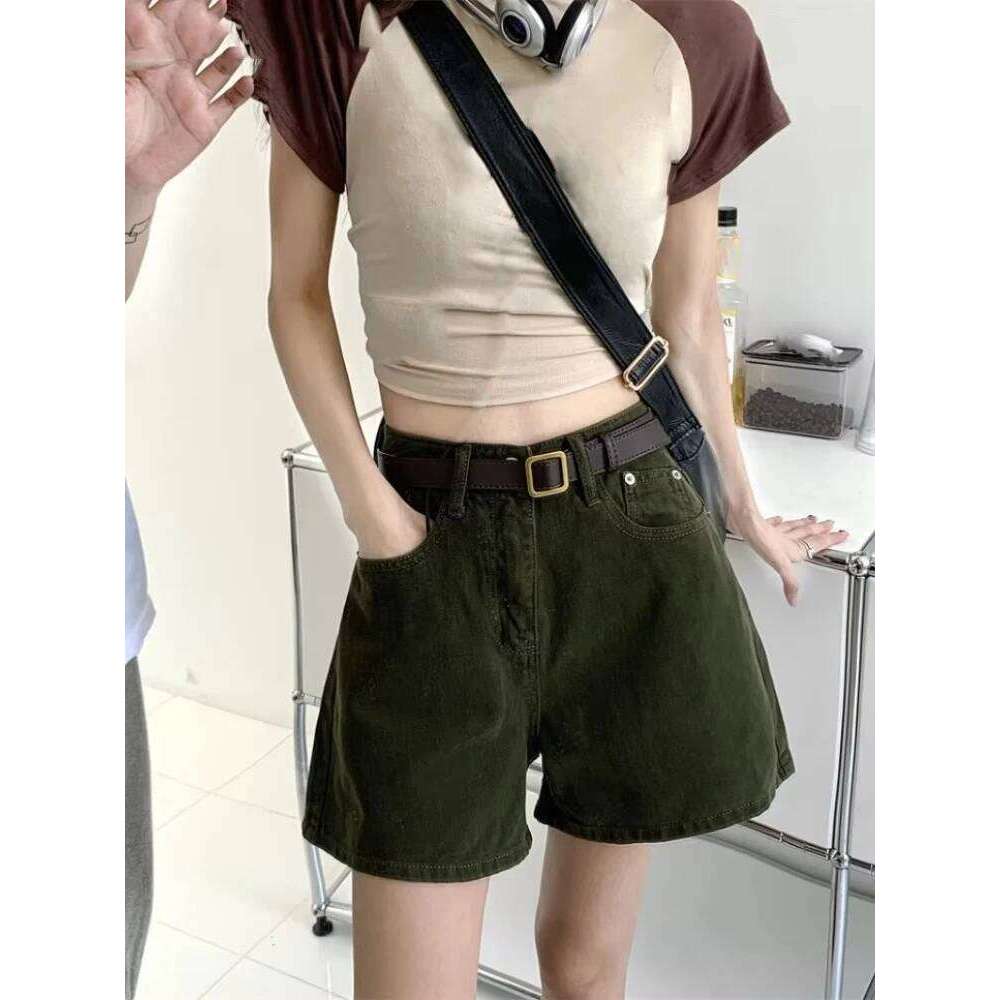 Vintage Green Denim Streetwear Korean High Waist Wide Leg Pants 2025 New Bottoms Casual Fashion Summer Y2k Shorts XJ260306