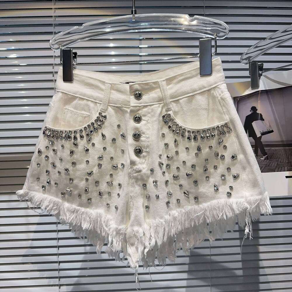 Spring Autumn Rhinestones Diamonds Beaded Jeans Tassels Edge Denim Shorts Crystal Fringed Hot Pants Sequined Cowboy Trousers XJ260306