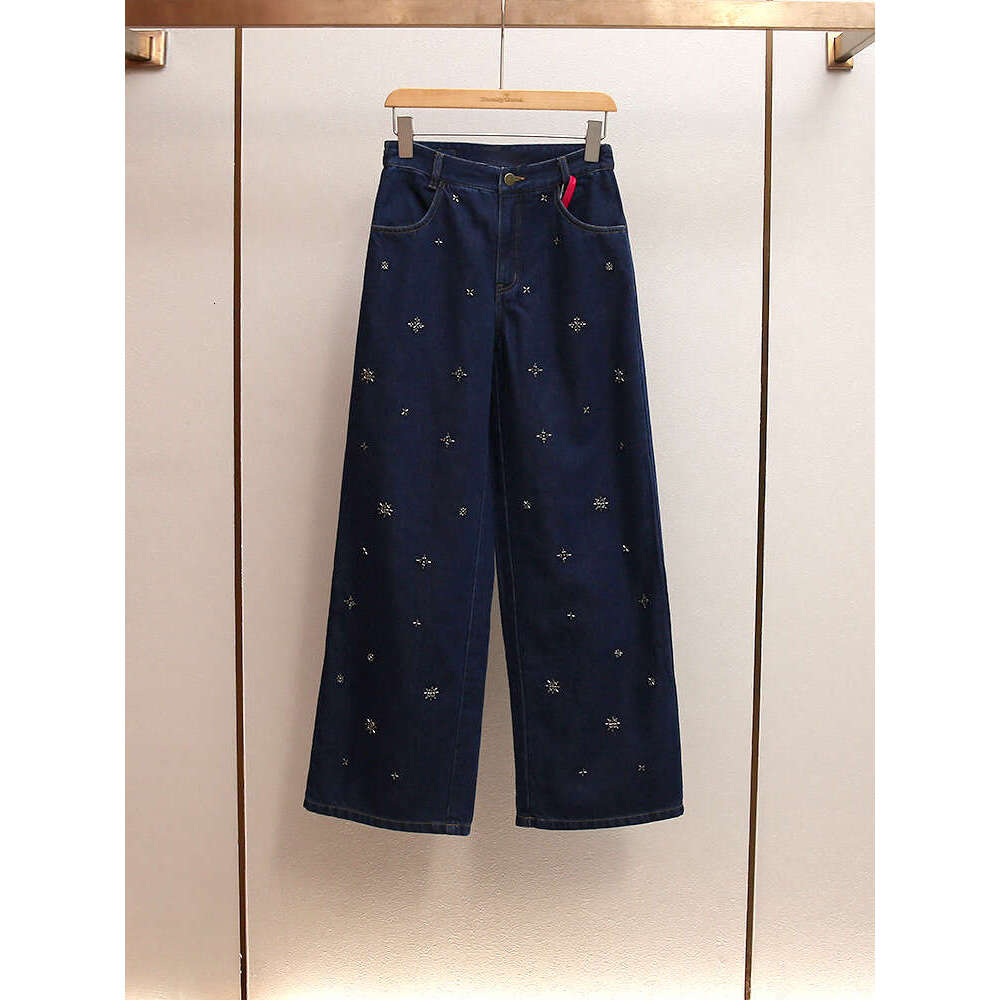 2026 Designer High end Women's Autumn New Era Shrink Bead Tank Top A-line Wide A15 Leg Pants Cowboy Two Piece Set