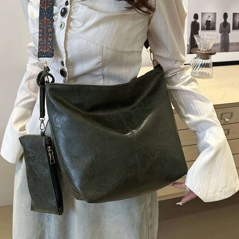 Retro PU Material Women's Bucket Tote Bag Set, Adjustable Wide Strap for Daily Need with Fashion Zipper Closure Polyester Lining XJ260306