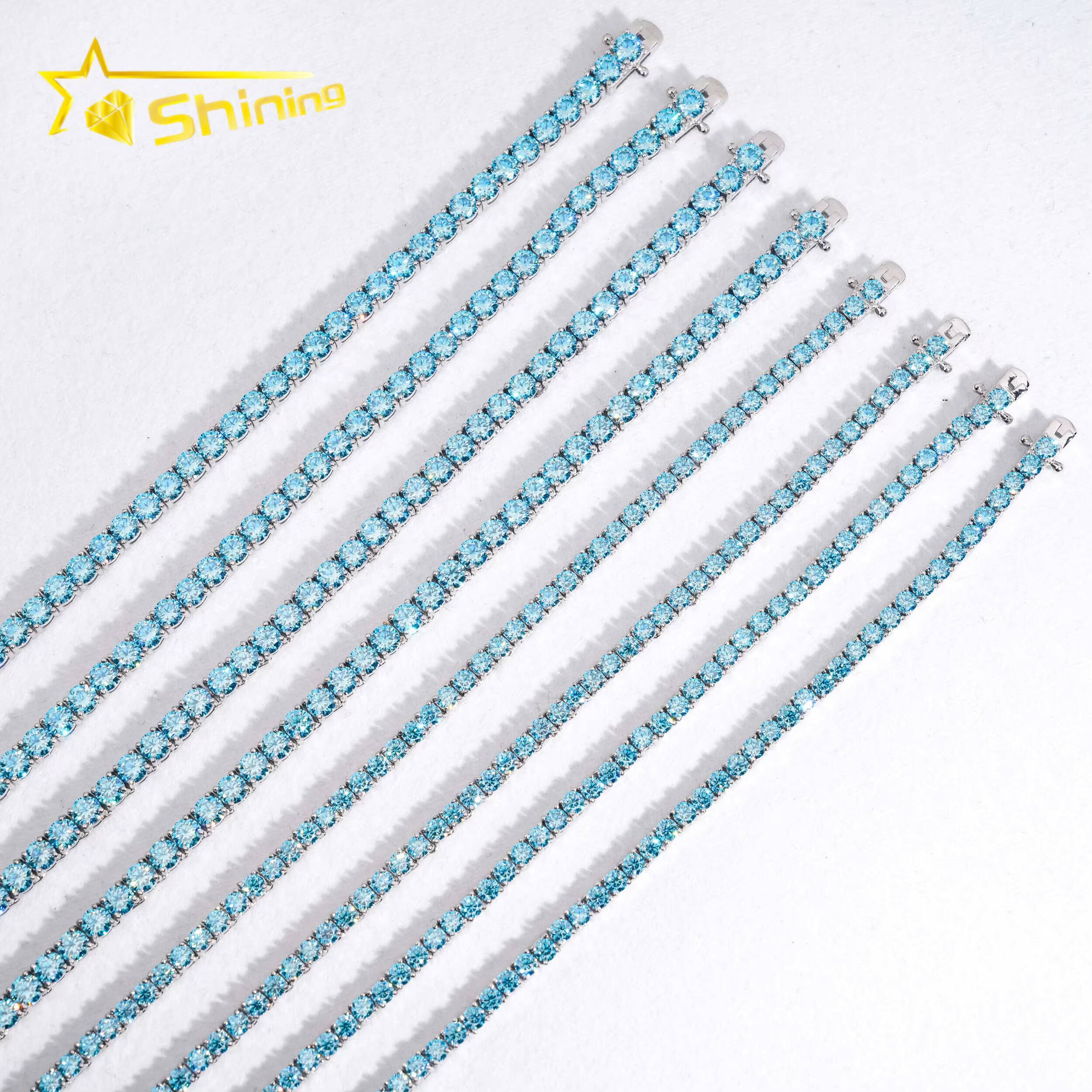 Fast Shipping Aquamarine Color Moissanite Tennis Chain 925 Sterling Silver Gold Plated Pass Diamond Test Moissanite Necklace