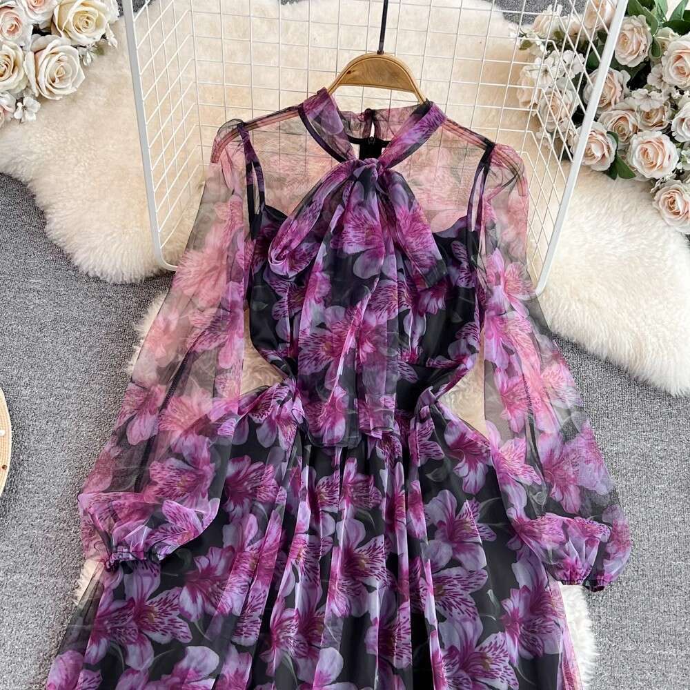 2026 Designer Social Celebrity Style Long Sleeve Collar End Waist Slimming A-line Printed Chiffon Dress Long Skirt