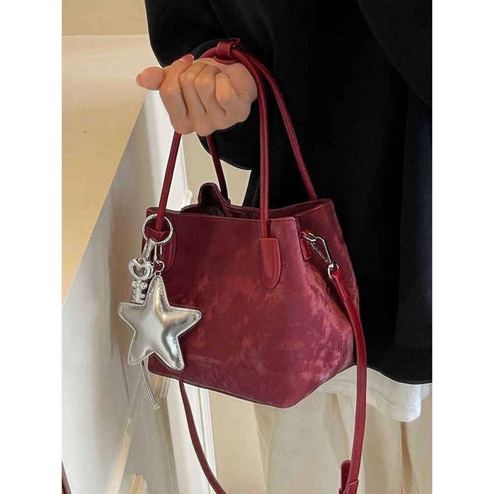 French Retro Bucket Handbag for Women Autumn Winter New Suede Casual One Shoulder Bags Chic Commute Crossbody Bag with Pendant XJ260306