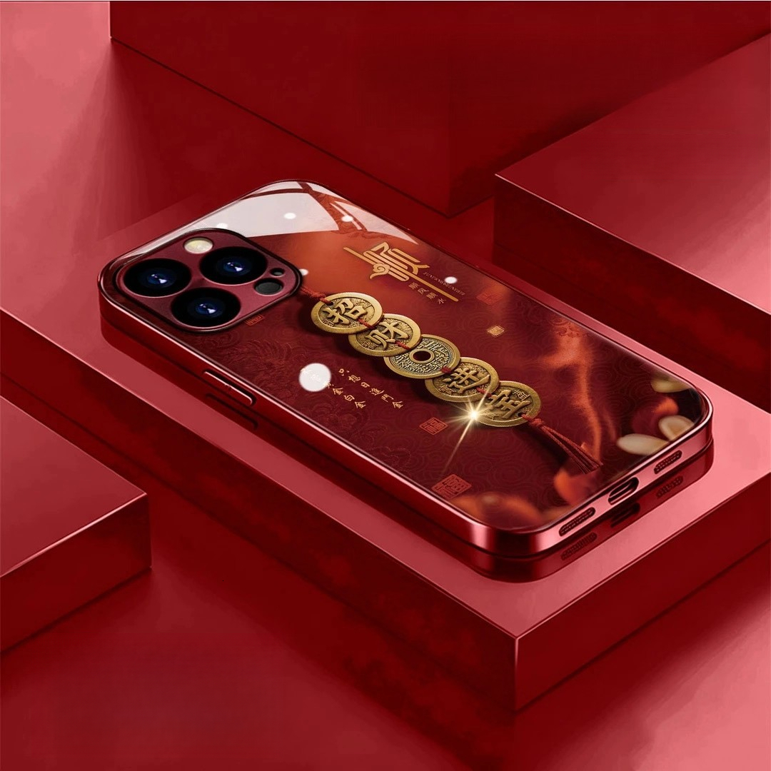 Wine red electroplated glass copper string attracting wealth and treasures, suitable for Apple 17 phone case iPhone 16 PRO MAX New Year
