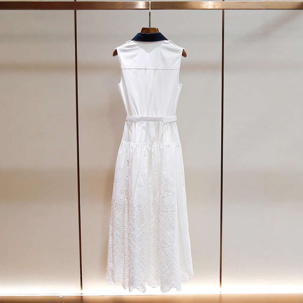 2026 spring and summer color block soft workwear style lapel sleeveless pocket A-line hollowed out embroidered vest dress