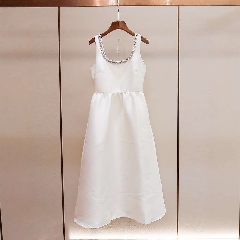 2026 summer new elegant celebrity style U-neck rhinestone backless A-line waist tie white long dress