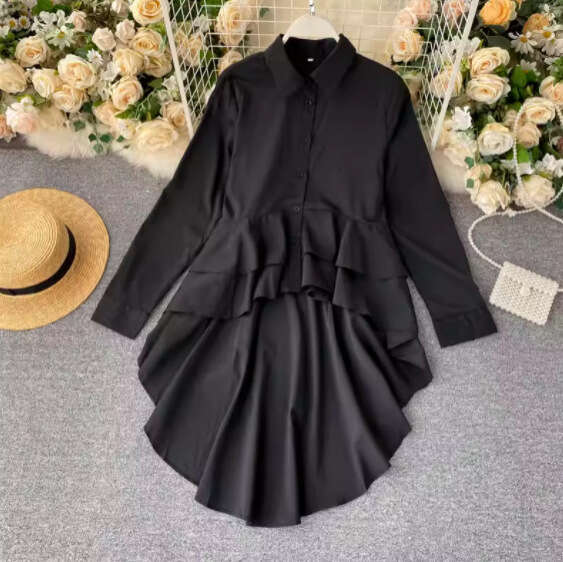 2026 uniquely designed A12 crossover women's shirt with irregular pleated hem and tailcoat style, fashionable multifunctional long sleeved top