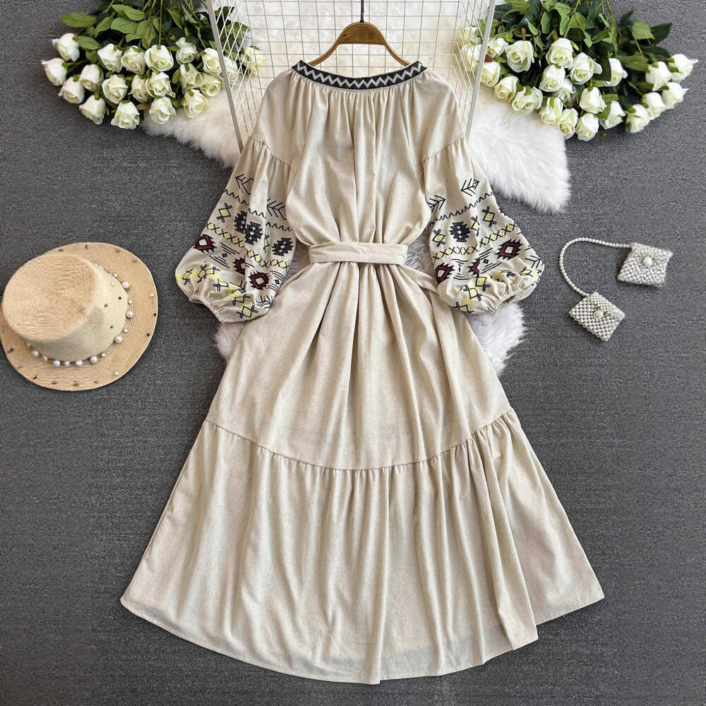 2026 Women's Seaside Vacation Skirt Beach Skirt Super Elf like Ethnic Style Embroidered Lantern Sleeves Floating Long Skirt