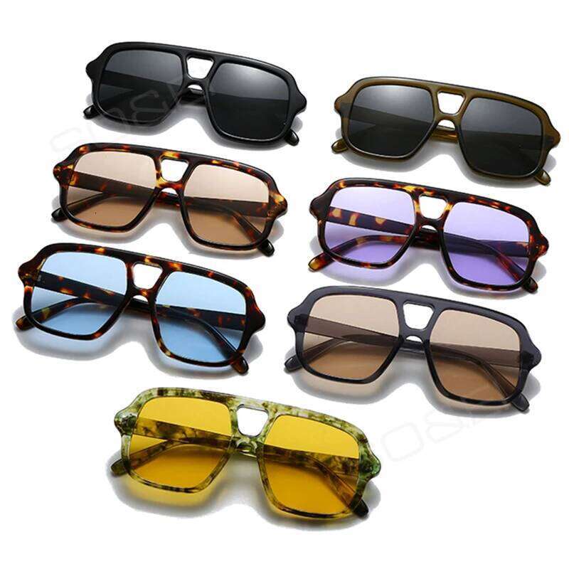 SO&EI Ins Popular Fashion Double Bridges Square Sunglasses Vintage Punk Yellow Blue Shades UV400 Men Trending Sun Glasses Z260306