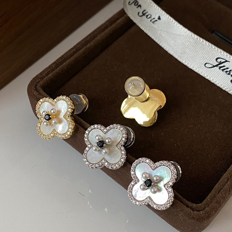 14k real gold plated silver needle zircon mother-of-pearl flower stud niche high-end earrings, simple and elegant women's earrings - view 4