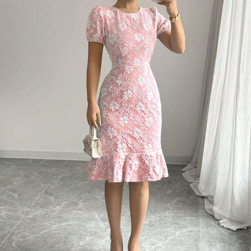 2026 European and American Spring and Summer New Women's Bubble Sleeve Jacquard Round Neck Retro Style Dress