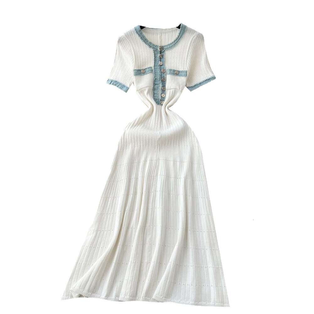 2026 designer's fashionable elegant denim patchwork dress with short sleeves, waist cinching, and knitted long sleeves